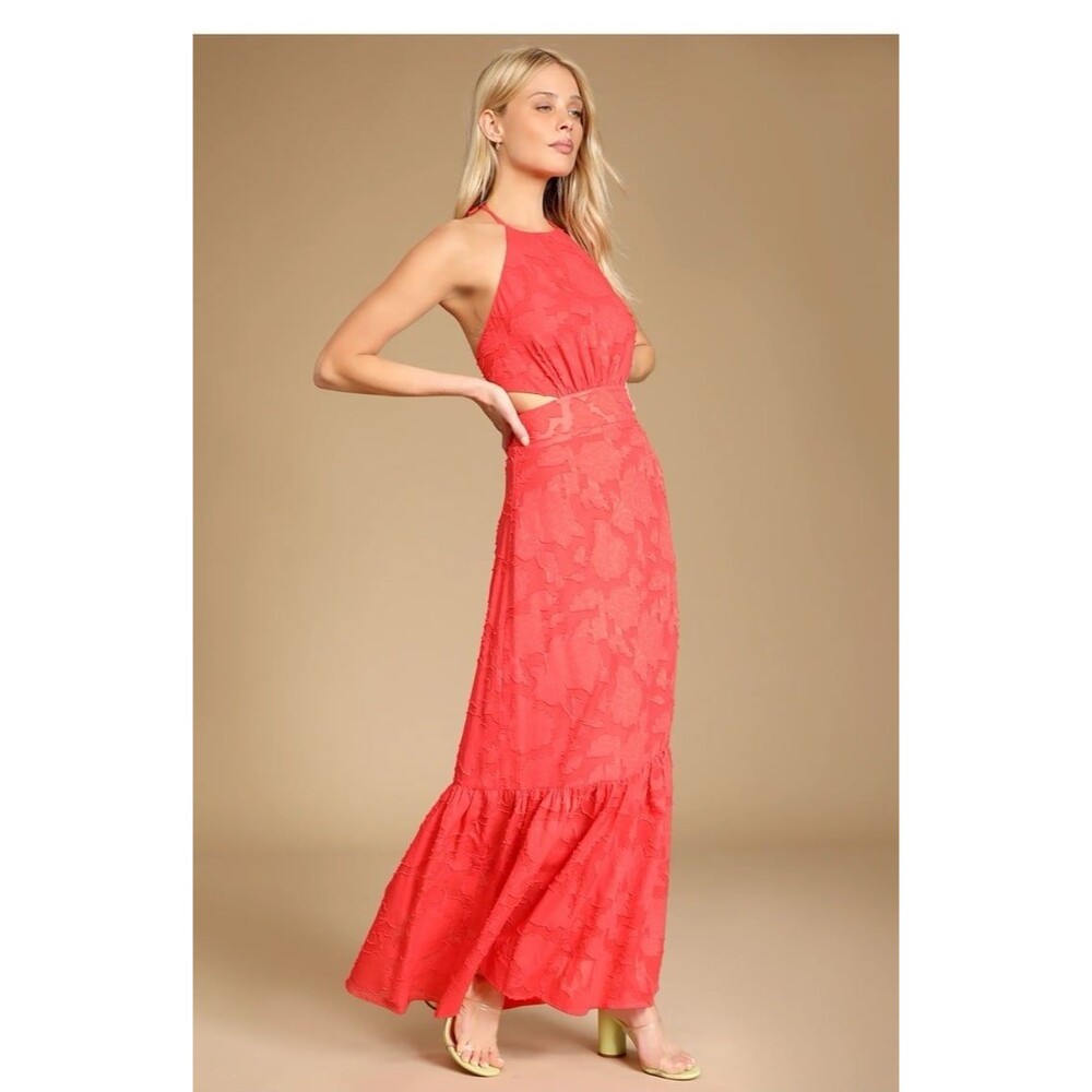 Lulus Touch of Elegance Coral Floral Burnout Halter Maxi Dress XL - Picture 2 of 10